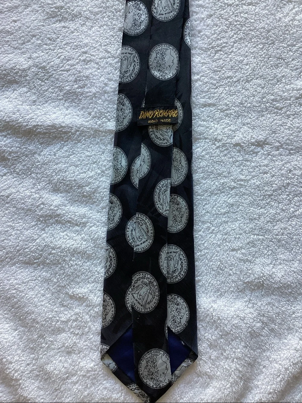 Men's Black Tie with Silver Coin Print and Navy Accent
